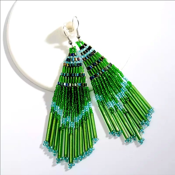 FP Seed Bead Chandelier Earrings in Emerald - Picture 2 of 6